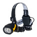 A yellow and black dual power headlight with adjustable straps and an attached battery pack. It features a logo branding.