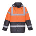 A Hi-Vis 2-Tone jacket featuring bright orange and black panels with reflective strips and a hood. It has a logo.