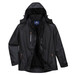 A black jacket with a hood, featuring zippered pockets and a branded logo tag inside.