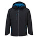 A black soft shell jacket with a blue interior, featuring a hood and zippered pockets. It has a logo on the front.