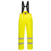 Bright yellow antistatic trousers with reflective stripes and adjustable black suspenders. Features a logo on the waistband.