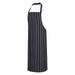 A navy striped apron with adjustable straps and a sleek design. It includes a branding logo.