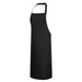 A black bib apron with a neck strap, featuring a simple design and one logo.