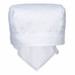 A white bandana-style headwear with a structured top and trailing fabric at the back. Features a logo.