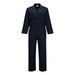 A navy polycotton coverall with long sleeves and two chest pockets, featuring a logo on the chest.