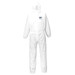 A white coverall suit with a hood, featuring an emblem on the chest, suitable for safety wear.