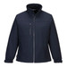 A navy softshell jacket featuring a zippered front, three pockets, and a stand-up collar. It has a logo on it.