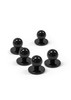 A set of five black chef jacket buttons arranged on a white background, featuring a glossy finish.