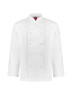 A white long sleeve chef jacket with a double-breasted design and branding on the sleeve.