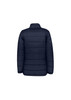 A dark navy women's puffer jacket featuring a smooth finish and horizontal quilted design on the back.