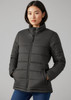 A women's puffer jacket in black with a high collar and side pockets, featuring a brand logo.