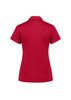 A red women's short sleeve polo shirt featuring a collar and a back view. The shirt includes a logo.