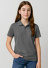 A grey short sleeve polo shirt for kids featuring a collar and a logo. Suitable for casual wear.