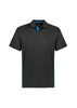 A black short sleeve polo shirt with blue accents and a logo on the chest. Suitable for kids.