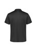 A black short sleeve polo shirt featuring a subtle pattern on the back and branding on the sleeves.