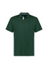 A green kids' short sleeve polo shirt with a branding logo and contrasting details along the sides.