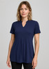 A navy blue women's tunic with short sleeves and a pleated front design, featuring a small collar and a logo.