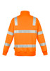 A unisex high-visibility pullover in bright orange with reflective stripes. Features a collar and long sleeves.