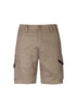 Men's rugged cargo shorts in a light khaki colour, featuring side pockets and a waistband with a logo.