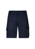 Men's rugged cooling stretch shorts in navy, featuring cargo pockets and a branded logo.