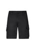 Men's rugged cooling stretch shorts in black, featuring cargo pockets and a simple button closure. Includes branding.