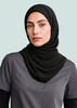 A black women's hijab draped elegantly over a model wearing a grey polo shirt. The image features subtle branding.