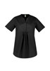 A black women's tunic scrub top featuring a buttoned placket and short sleeves with a gathered waist.