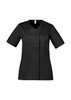 A black women's scrub top featuring a zip front and crossover design, with short sleeves and pockets.