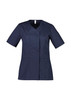 A navy blue women's scrub top with a zip front, crossover design, and short sleeves. Features pockets and a logo.