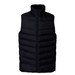 A black puffer vest with a high collar and zip front. It features a quilted design and has pockets.