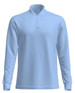 A long sleeve polo shirt in light blue with a collar and a branding logo.