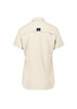 A light beige women's outdoor short sleeve shirt with a back yoke and logo.