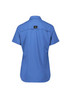 A women's outdoor short sleeve shirt in blue, featuring a back yoke and a brand logo.