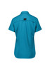 A short-sleeve women's outdoor shirt in a vibrant turquoise colour, featuring a logo on the back.