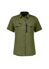 A women's outdoor short sleeve shirt in olive green with two chest pockets and a zip pocket, featuring a logo.
