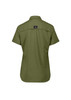 A women's short sleeve shirt in olive green, featuring a logo on the back.