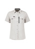A women's short sleeve shirt in light grey with two front pockets and a zippered pocket, featuring a logo.