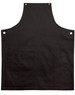 A black canvas bib apron featuring a front pocket and gold-toned buttons. It has a simple, classic design.