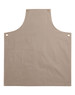 A beige canvas bib apron featuring a front pocket and metal grommet details.