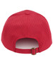 A red cap with laser cut ventilation holes and an adjustable strap at the back, featuring a logo.