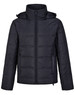A unisex sustainable seamless parka jacket in black, featuring a zip front and a hood, with a subtle logo.