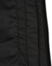 A close-up of a black parka jacket showing the textured fabric and inner lining details. It features a zipper and stitching.