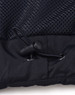 A close-up of a black unisex parka jacket featuring a mesh panel and adjustable drawcord at the hem.
