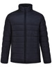 Men's sustainable insulated puffer jacket in navy blue with a zip front and a simple design. Features a logo.
