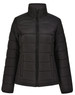 A black insulated puffer jacket with a high collar and a zip front, featuring a logo on the left side.