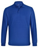 A blue unisex long sleeve polo shirt made from poly/cotton, featuring a collar and a logo.