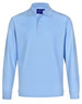 A light blue unisex long sleeve polo shirt made from poly/cotton pique fabric with a collar and a logo.