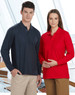 Adults' 240gsm poly/cotton long sleeve polo shirts in navy and red, featuring a logo on each shirt.