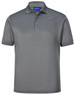 A men's sustainable poly/cotton polo shirt in grey, featuring a collar and three-button placket, with a logo.