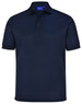 A navy blue short-sleeve polo shirt made from sustainable poly/cotton material with a collar and buttons.
